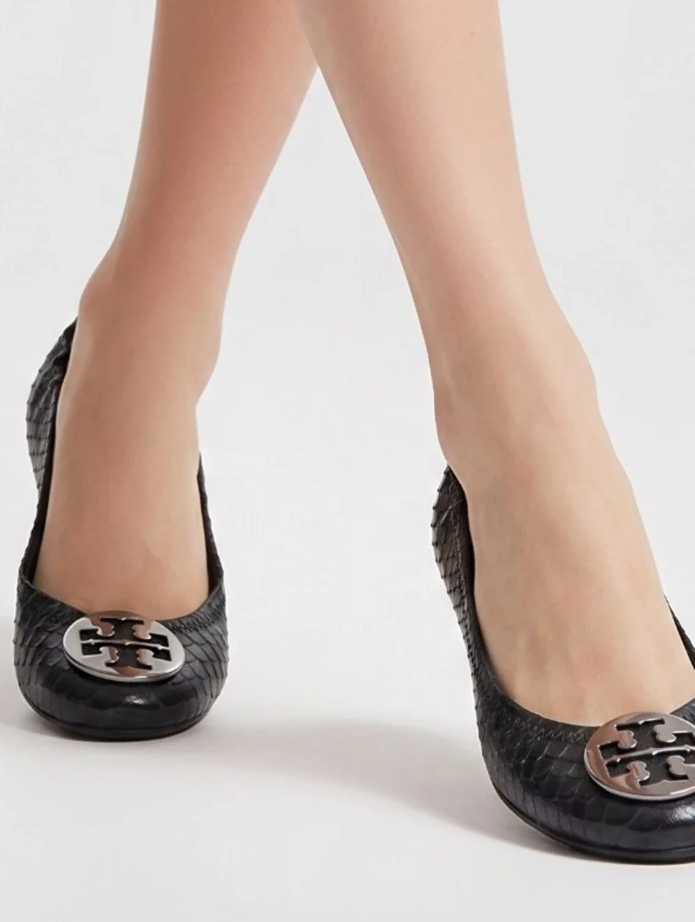 Tory Burch Reva snake-embossed gray leather ballet flats Size 7M